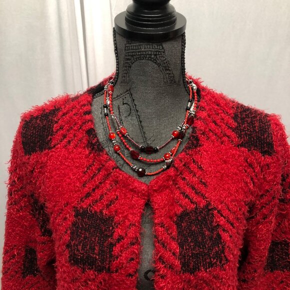 A Moon Cardigan Womens Size Large Red Black Fuzzy Open Front Pockets Sweater - Picture 4 of 7